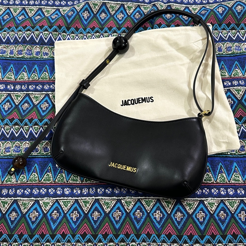 Jacquemus Black Leather Shoulder Bag with Gold Logo - Picture 1 of 12